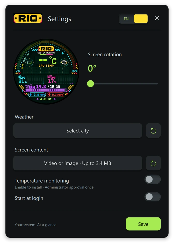 RIO System Monitor settings window