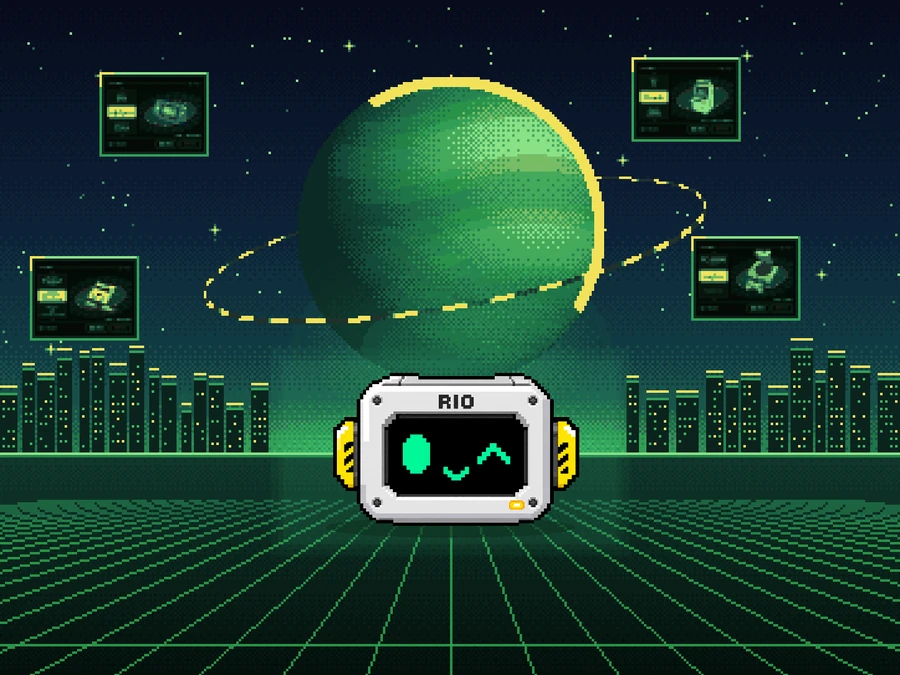 RIO Pixel World cover: a green planet, a neon city and the robot