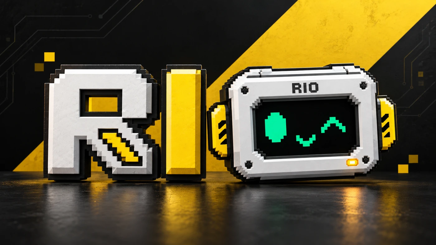 RIO poster: 3D wordmark and robot on black and yellow stripes